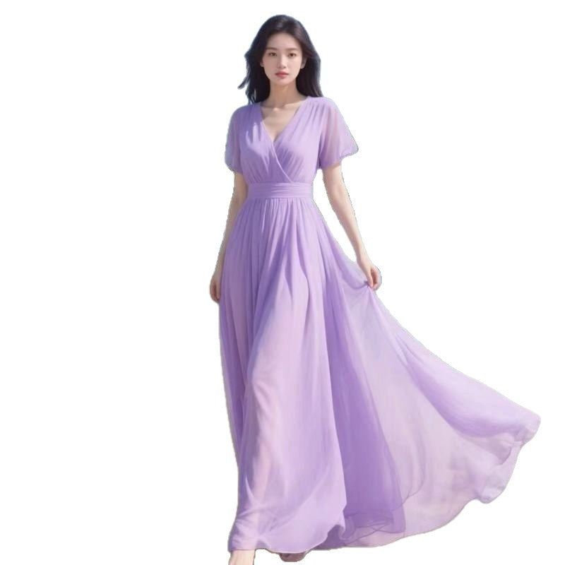 Womens Solid-Color Chiffon Maxi Dress