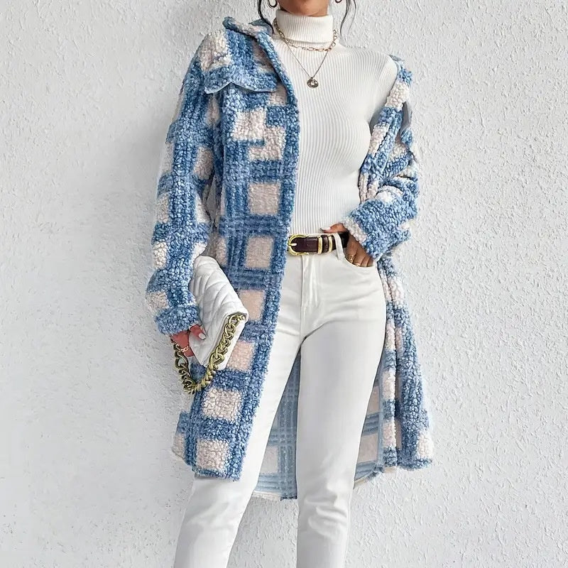 Women's Lightweight Plaid Jacket, Button Down Fleece Jacket, Long Sleeve Fall Outerwear Coat