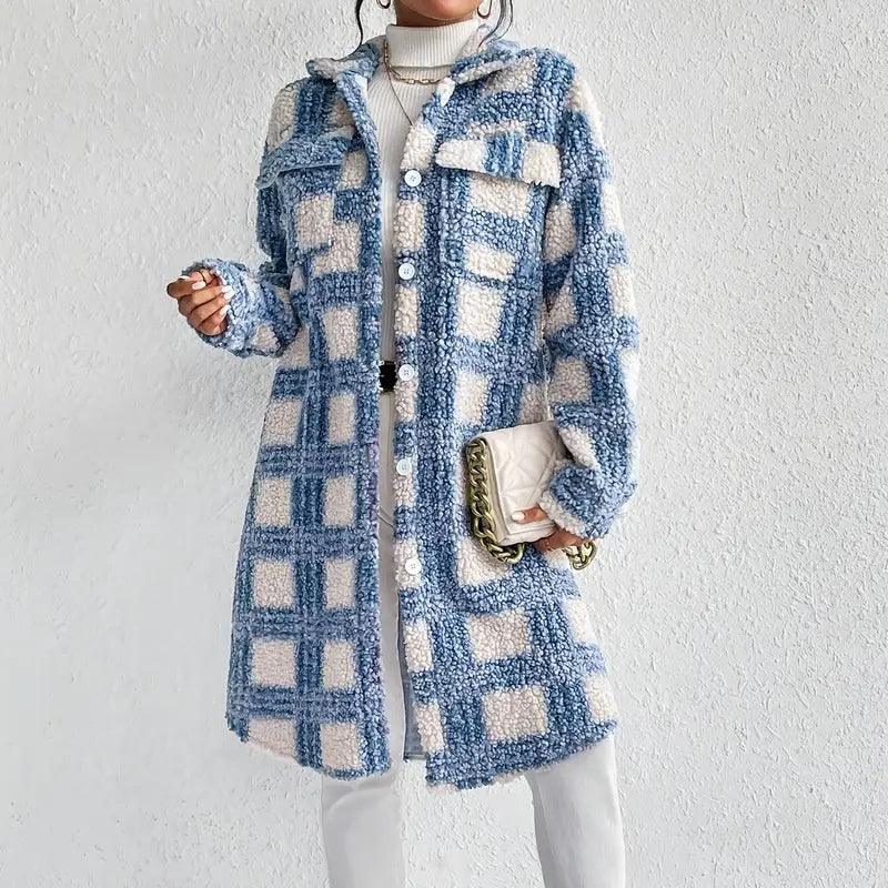 Women's Lightweight Plaid Jacket, Button Down Fleece Jacket, Long Sleeve Fall Outerwear Coat