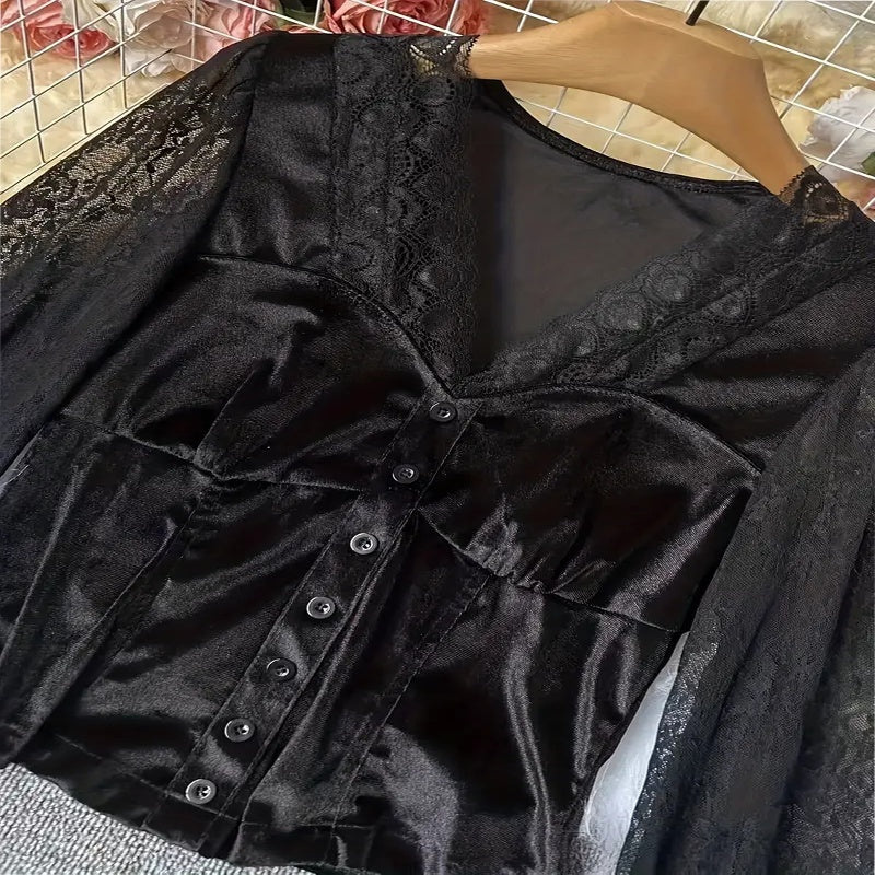 Women's Velvet & Lace Trim Top V-Neck Long Sleeve Blouse With Button Accent For Autumn And Winter