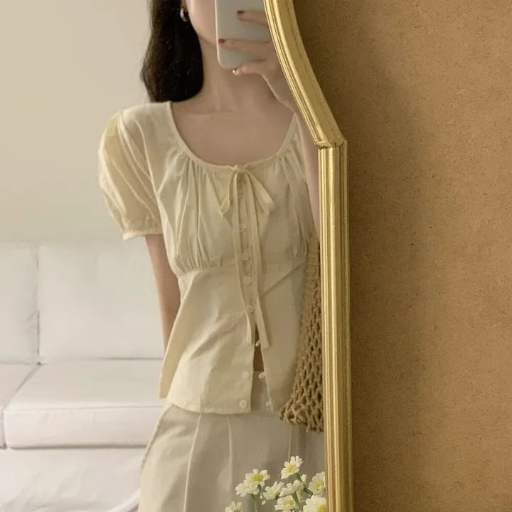 Single-breasted Lace Up Short Shirt French Small Top