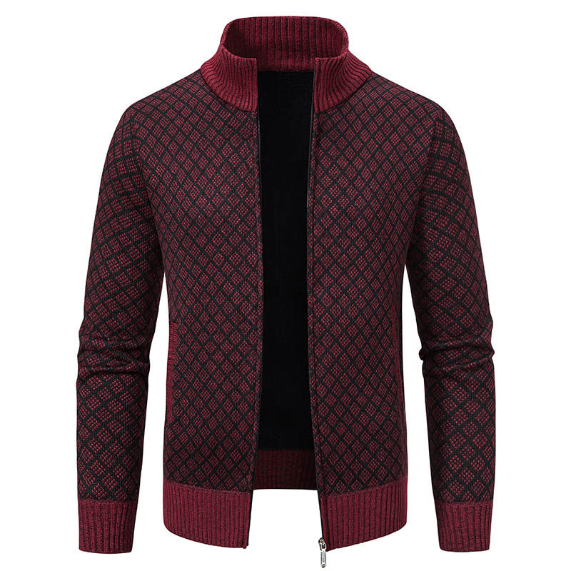 Thickened Plaid Print Jacket Cardigan Fashion Slim Fit Zipper Stand Collar Sweater Winter Men's Casual Long Sleeve Knitted Top Clothing