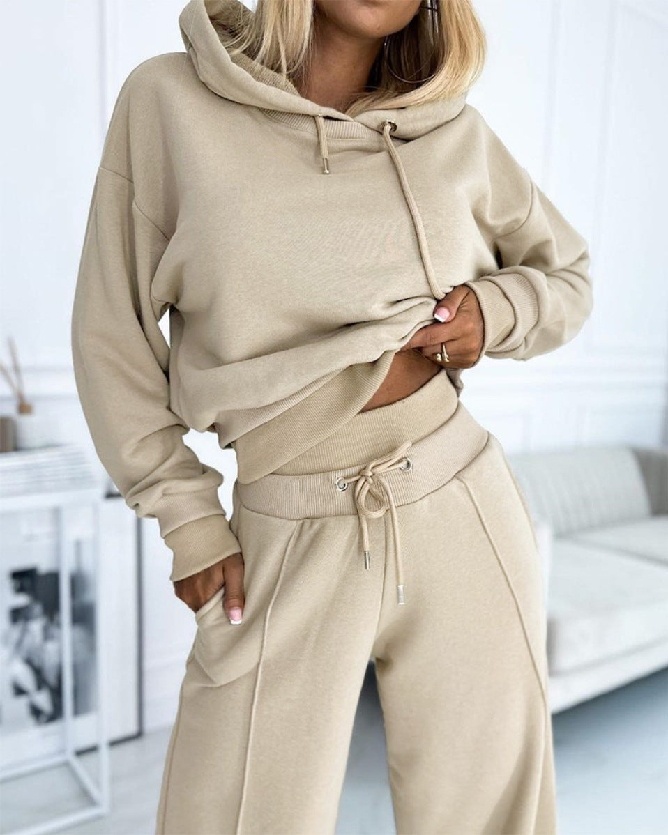 Women's Hoodie Suit Sporty Casual Long-Sleeved Hooded Sweatshirt And Drawstring Pocket Sweatpants Fashion Commuter Trousers Set Outfit Clothing