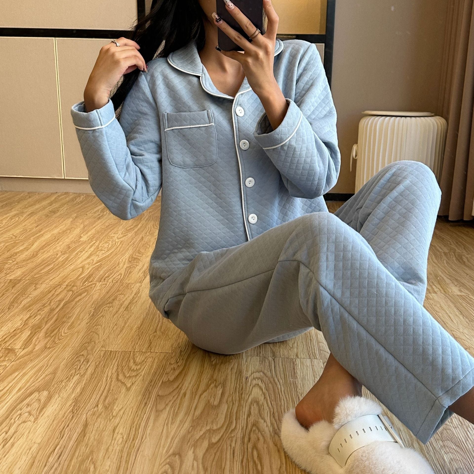 Womens Thickened Solid-Color AutumnWinter Loungewear Set With Long Sleeves