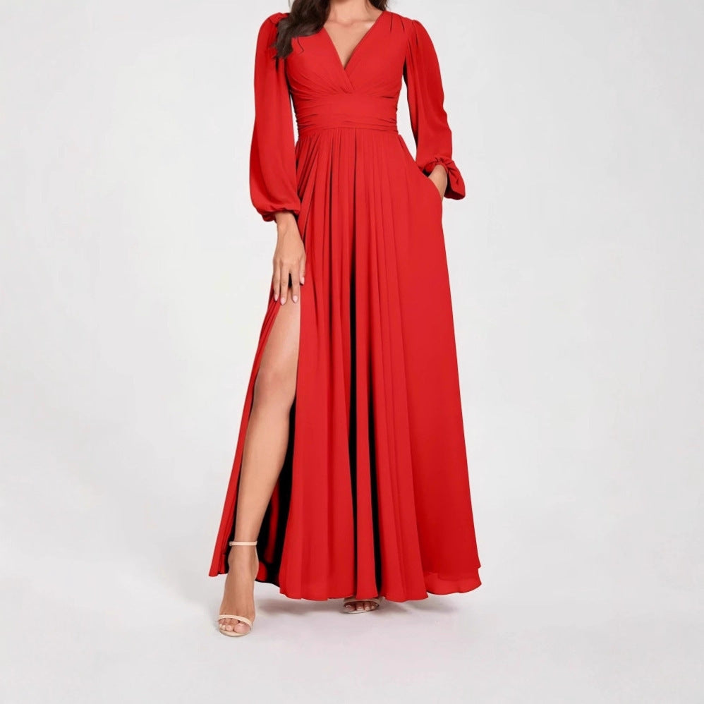 Solid Color V Neck Slit Long Sleeve Pleated Elegant Maxi Dress
