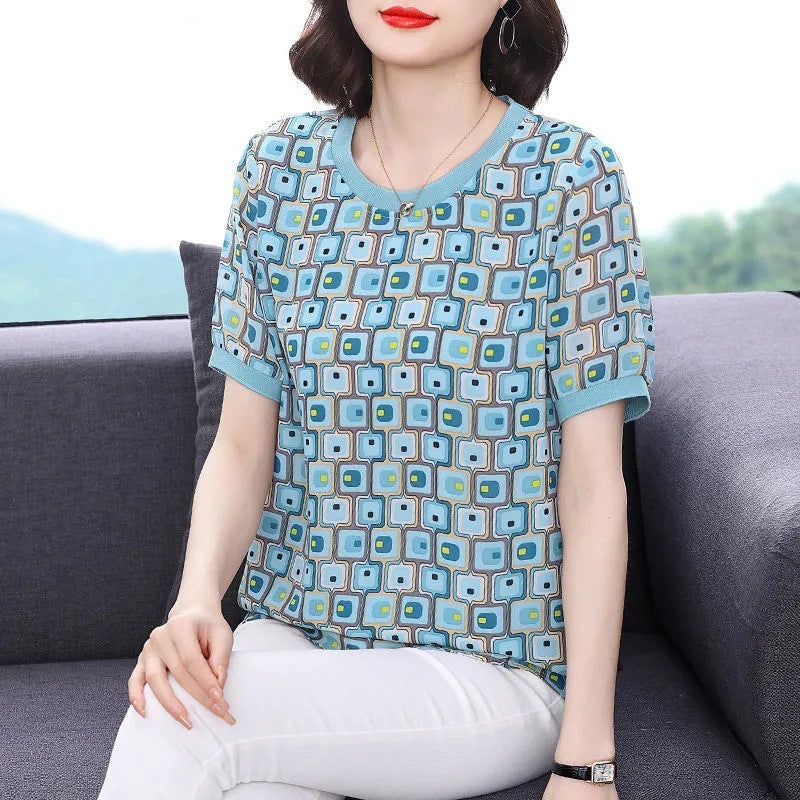 Women's Loose Oversized Printed Short Sleeved Shirt