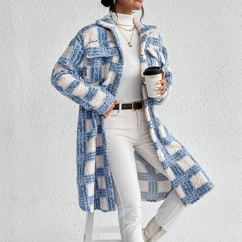 Women's Lightweight Plaid Jacket, Button Down Fleece Jacket, Long Sleeve Fall Outerwear Coat
