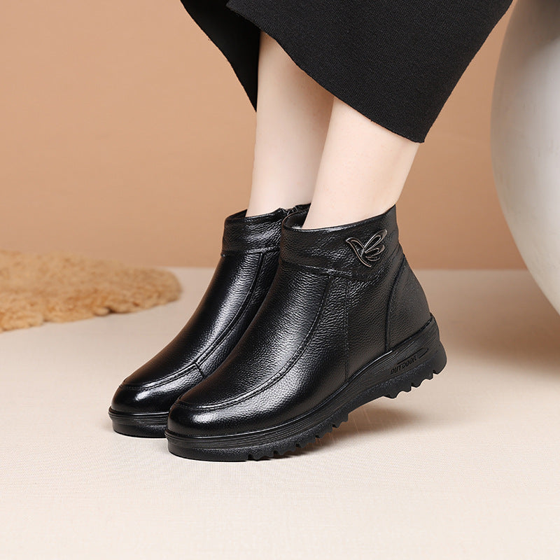 Women's Flat Bottomed Anti Slip Leather Wool Short Boots