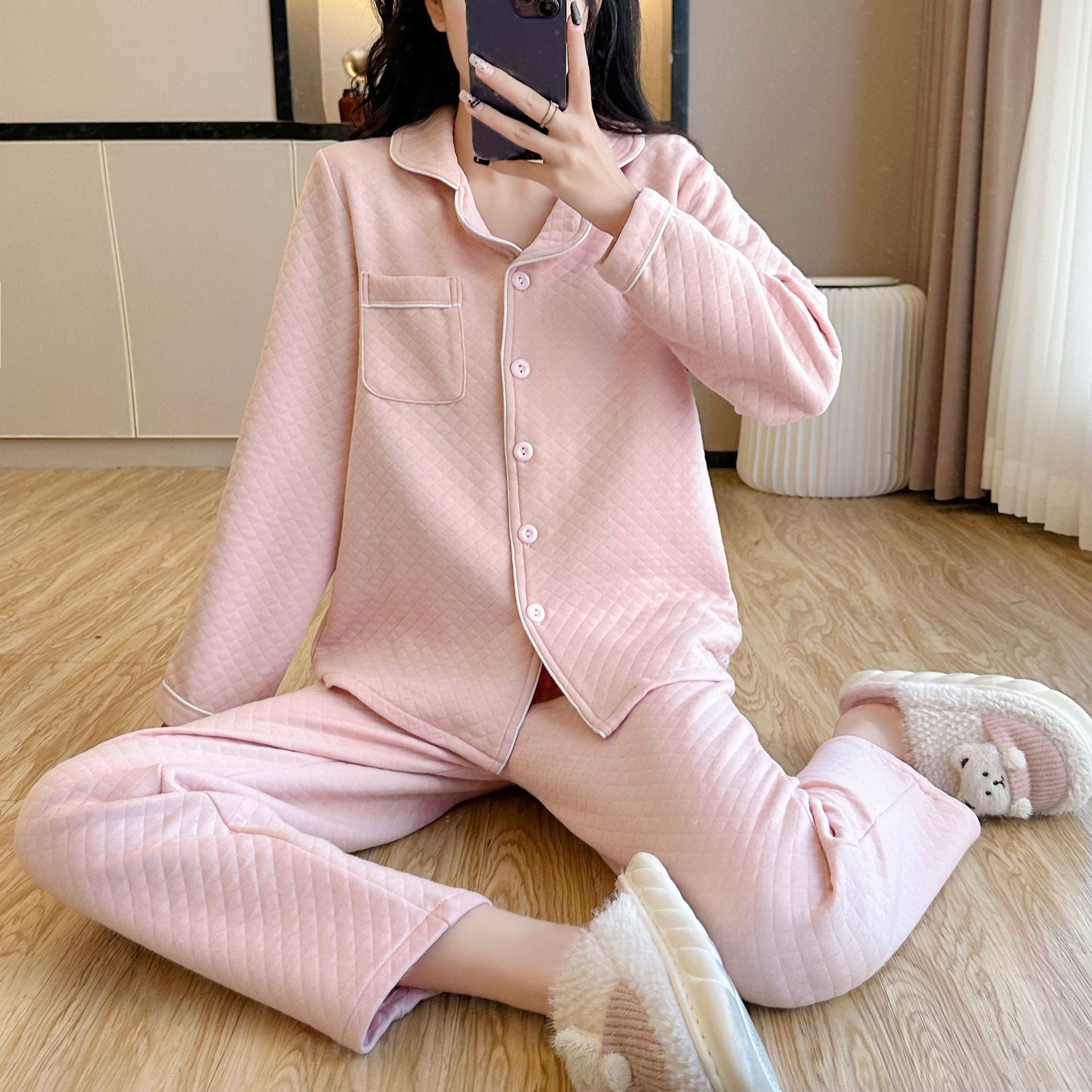 Womens Thickened Solid-Color AutumnWinter Loungewear Set With Long Sleeves