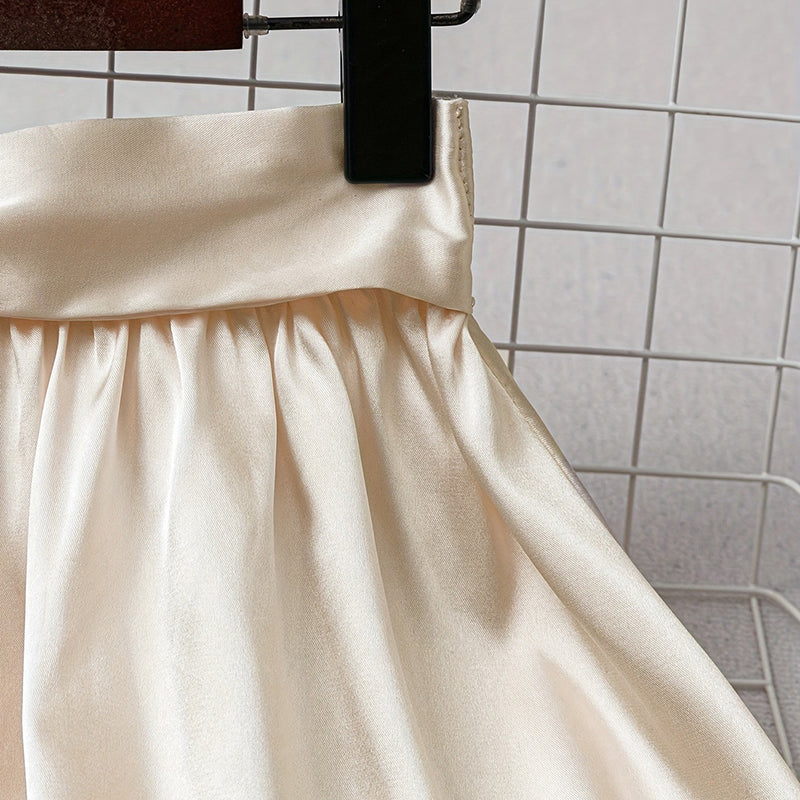 Women's Solid Color Satin Midi Skirt With Bow Detail, Elegant Pleated Skirt For Office And Vacation Wear