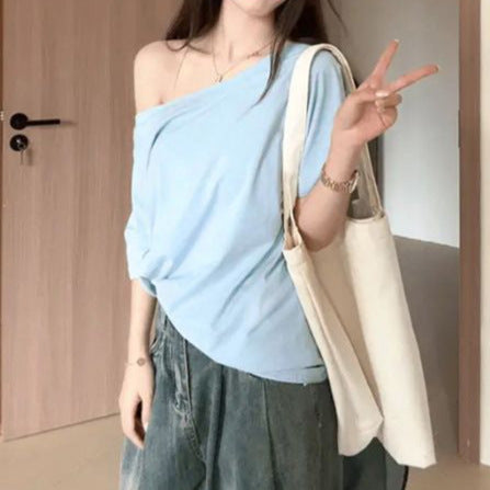 Womens Solid-Color American-Style Retro Off-the-Shoulder Slash-Neck Short-Sleeve Top