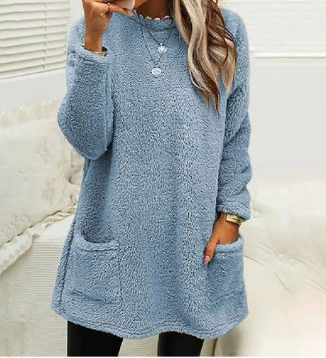 Women's Fleece Pullover Long Sweater With Pockets Winter Warm Thinken Sweatershirt Casual Long Sleeve Plush Tops Hoodie Coat Streetwear Fall Loose Outfits Hoodie Tops