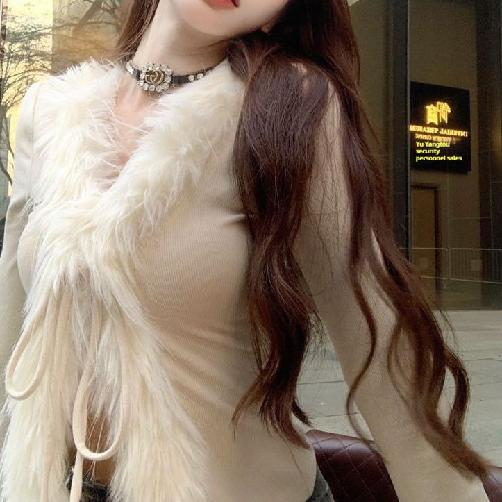 Womens Slim-fit Cropped Long-sleeve Fuzzy Top