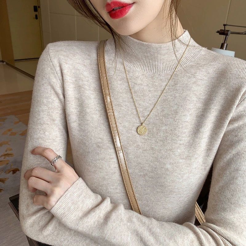 Womens Solid-Color Casual Mock-Neck Sweater