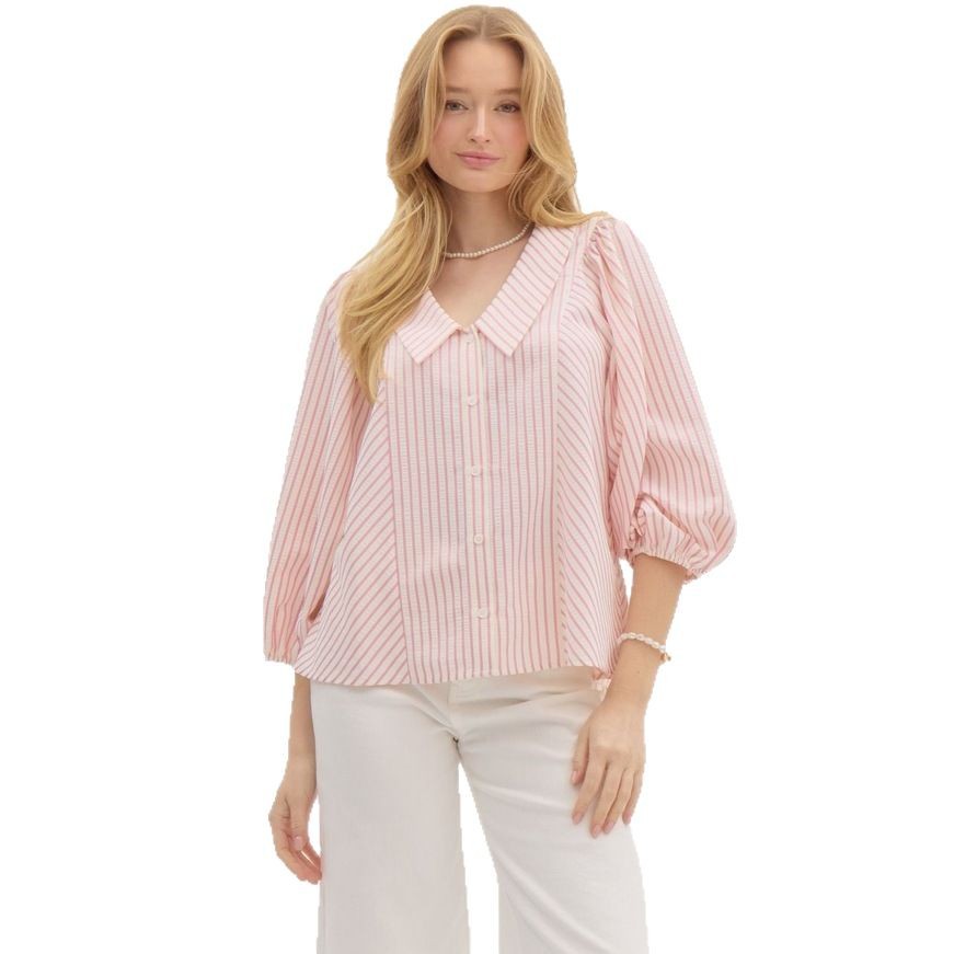Womens Sweet Doll Shirt With A Notch Lapel And Puff Sleeves