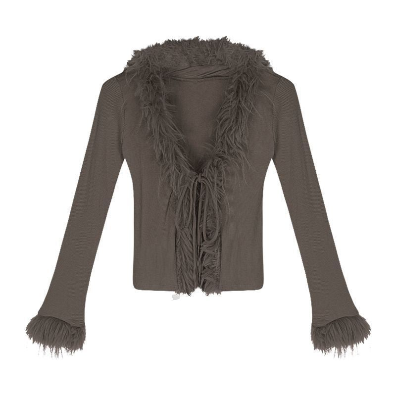 Womens Slim-fit Cropped Long-sleeve Fuzzy Top