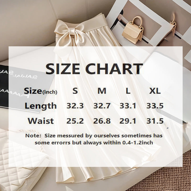 Women's Solid Color Satin Midi Skirt With Bow Detail, Elegant Pleated Skirt For Office And Vacation Wear