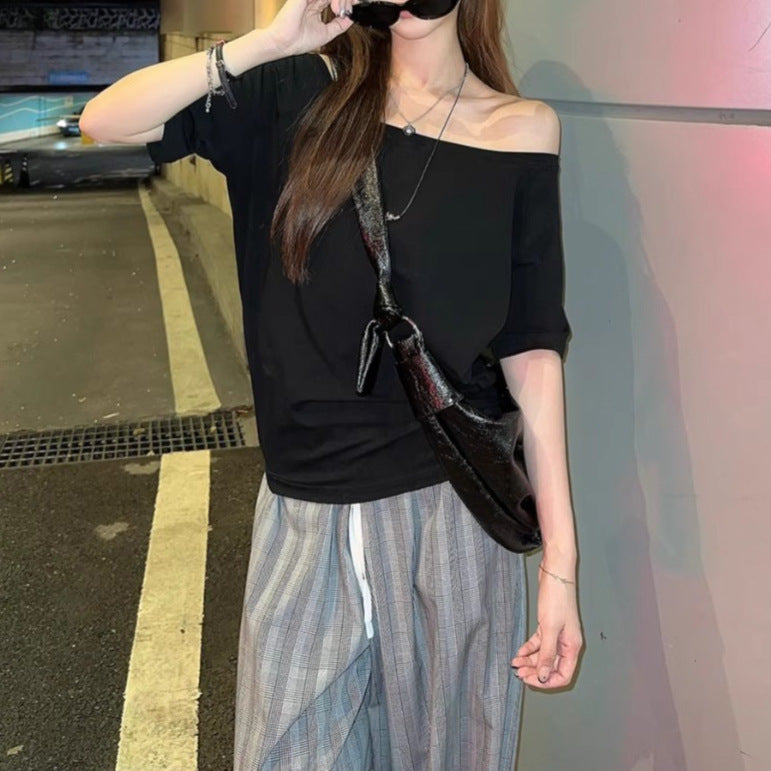 Womens Solid-Color American-Style Retro Off-the-Shoulder Slash-Neck Short-Sleeve Top