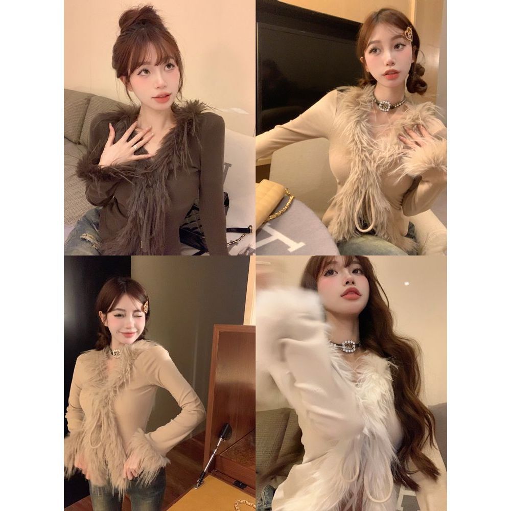 Womens Slim-fit Cropped Long-sleeve Fuzzy Top