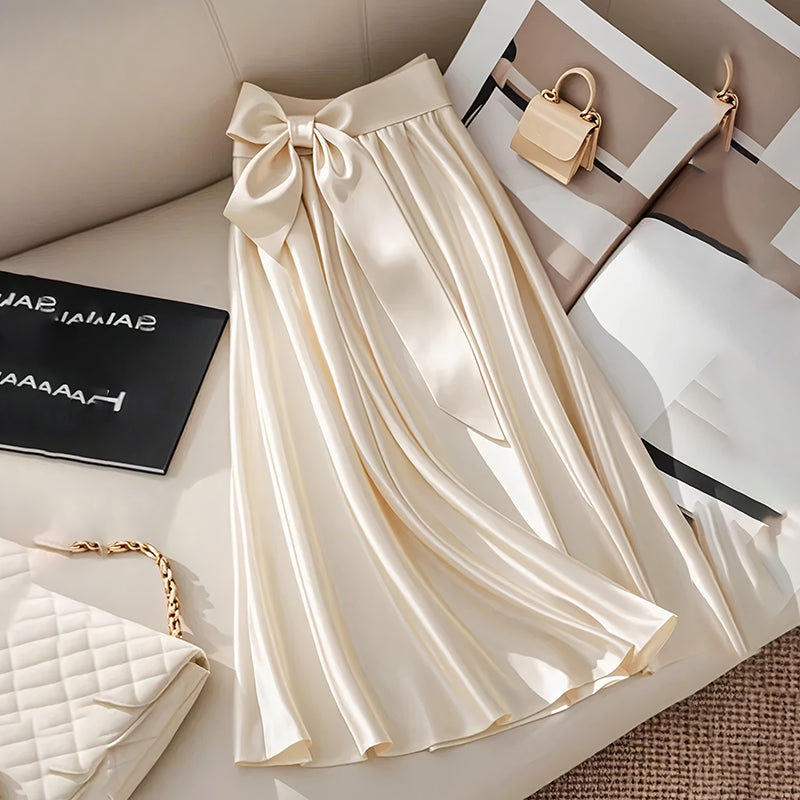 Women's Solid Color Satin Midi Skirt With Bow Detail, Elegant Pleated Skirt For Office And Vacation Wear