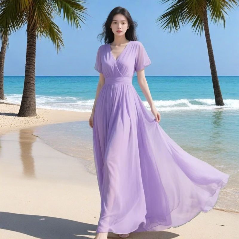 Womens Solid-Color Chiffon Maxi Dress