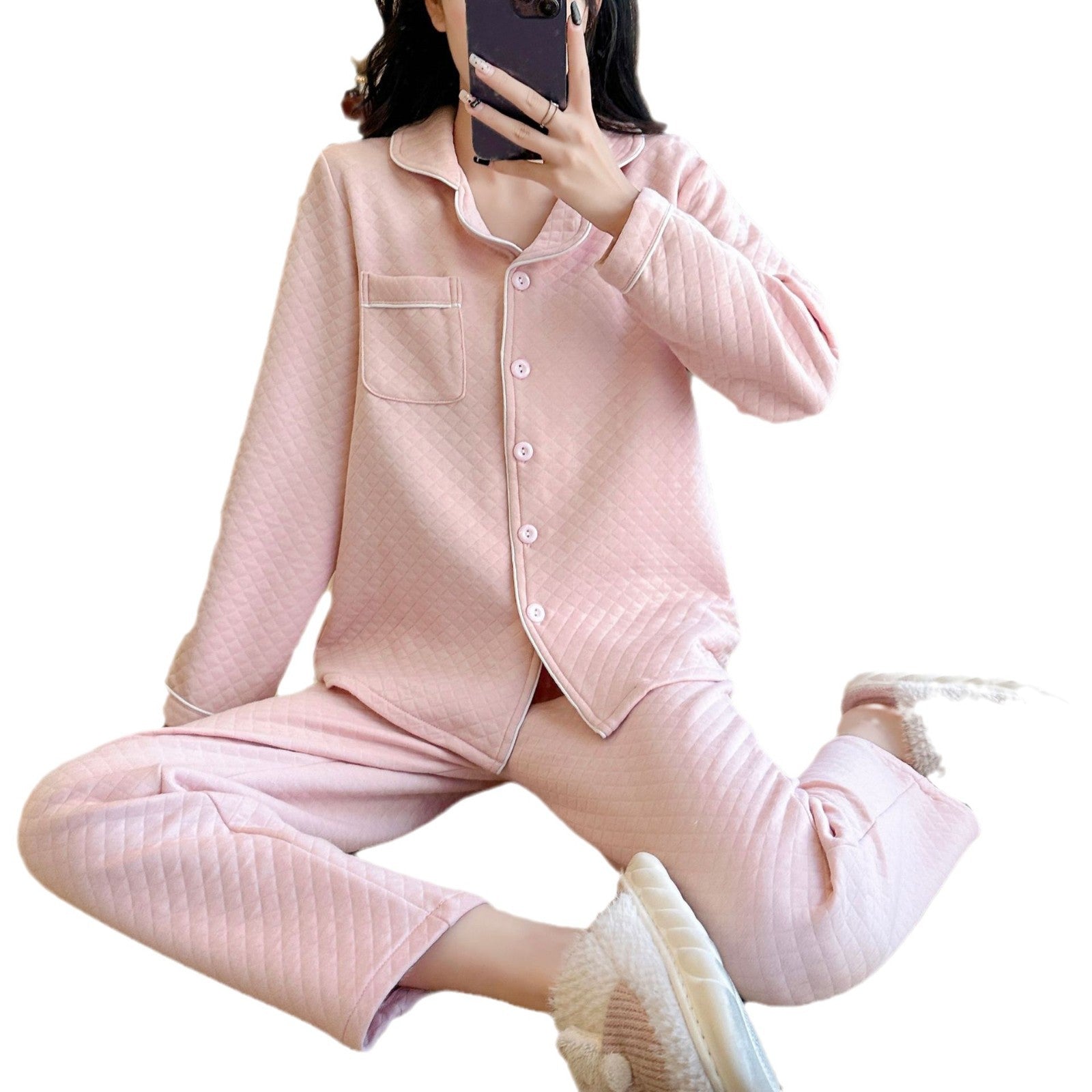 Womens Thickened Solid-Color AutumnWinter Loungewear Set With Long Sleeves