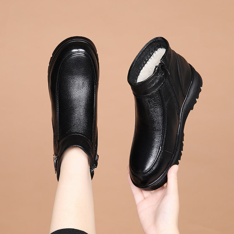 Women's Flat Bottomed Anti Slip Leather Wool Short Boots